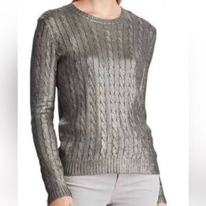 LAUREN RALPH LAUREN Silver Metallic Cable Knit Sweater Boat Neck M Quiet Luxury